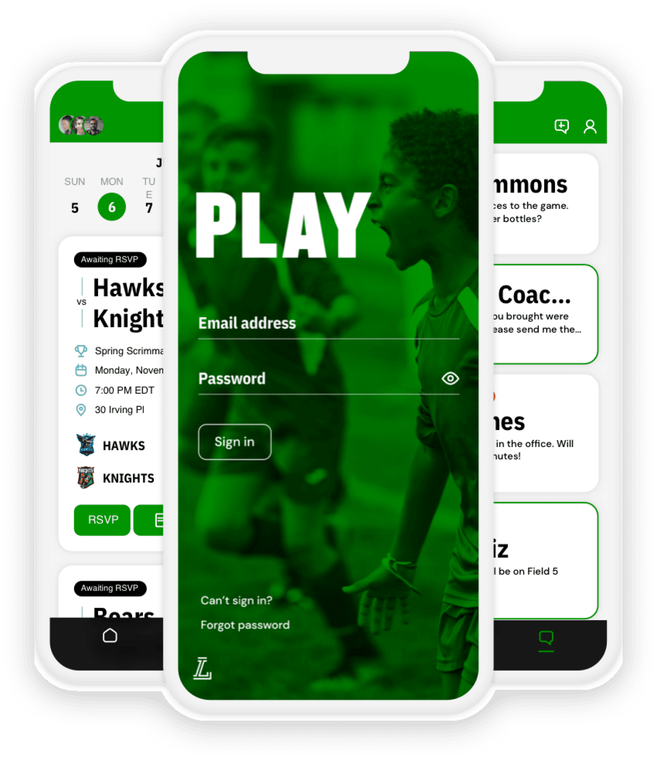 LeagueApps Play app screens showing schedules and team chat